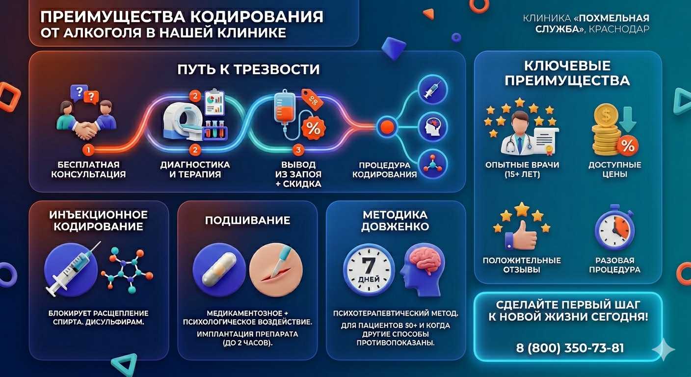 Инфографика о методах кодирования от алкоголя в Малой Пурге: инъекции, подшивание, метод Довженко. Преимущества клиники и этапы лечения.